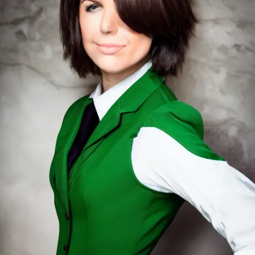 Image similar to brunette woman, short hair, flipped out hair, bright green eyes, fascist uniform, smirk