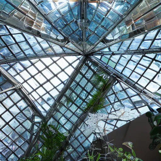 Prompt: high quality dslr photograph of a highly reflective chrome octahedron in a tropical greenhouse. alien structure, masterpiece, stunning, amazing, super resolution. atmospheric, Extremely detailed