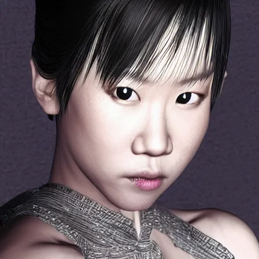 Image similar to like dust, magic gathers in overlooked places, photorealistic portrait of yuja wang. absolutely stunning!, sitting on the stairs to a palace, beautiful omnipotent goddess, symmetrical perfect face, porcelain skin, ultra - detailed, digital art, unreal engine 5, 8 k