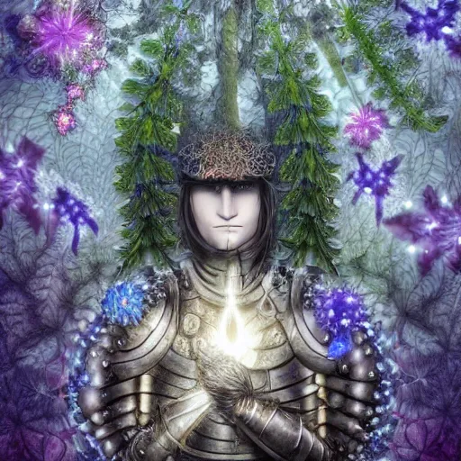 Image similar to a male knight, stern face, clear eyes, shining armour made of steel and flowers, and fractal flowery hair in a fractal garden, glowing delicate flower, berries and ferns that grow in a dark fantasy forest, full frame,