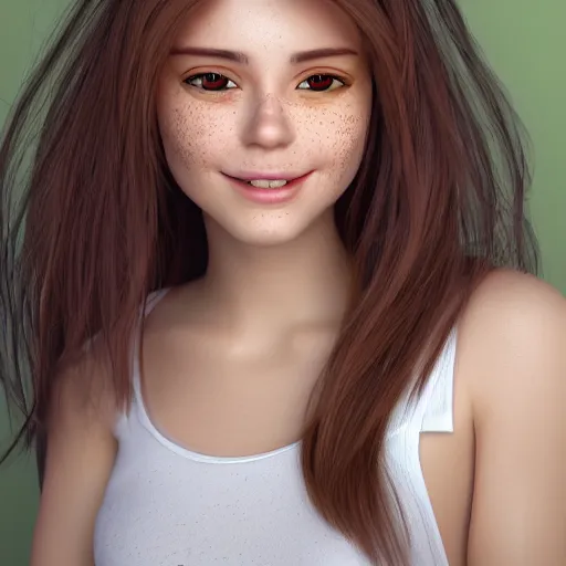 Prompt: Render of April, a cute 3D young woman, long shiny bronze brown hair, full round face, green eyes, medium skin tone, light cute freckles, light blush, smiling softly, wearing casual clothing, interior lighting, cozy living room background, medium shot, mid-shot, hyperdetailed, hyperreal, trending on Artstation, 8k,