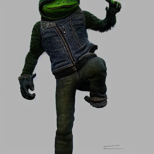 Image similar to perfectly accurate miniature figure of pepe the frog wearing jeans and a black leather jacket, soft textures, skin texture, clothing, 3d sculpture, textured, fine detail, lifelike, photo, high resolution, octane render, post processing, after effects, trending on artstation