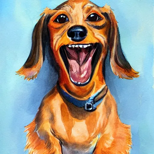 Image similar to very detailed portrait of a very happy dachshund, with a big smile