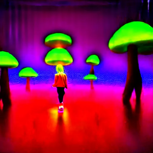 Image similar to Little girl wandering among many giant glowing mushrooms, Neon colors, psychedelic art, trippy, 4k, HQ, Trending on Artstation