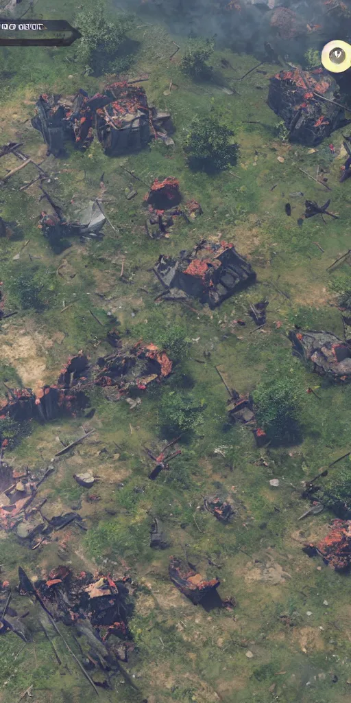 Image similar to aerial view of destroyed battlefield, unreal engine