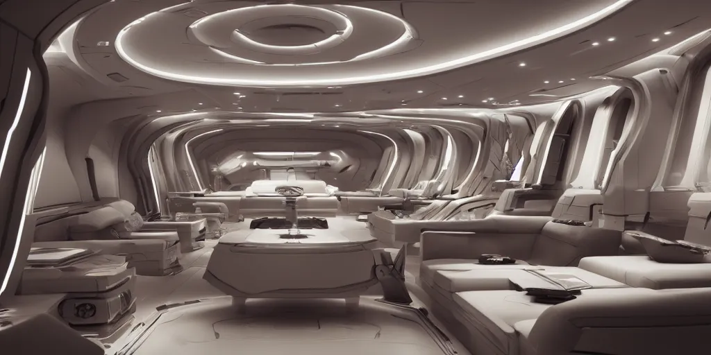 Image similar to magnificent interior of a luxurious spaceship, octane render, cinematic, ultradetail, 8k, star wars