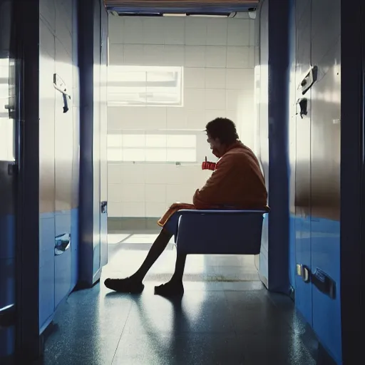 Image similar to a beautiful photo of an astronaut waiting in a laundromat, 1970', soft light, morning light, photorealistic, realistic, octane, 8k, cinematic shot