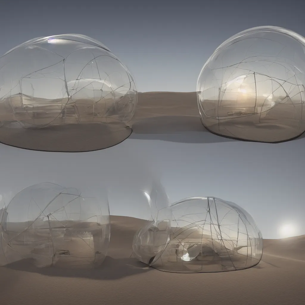 Prompt: Hyper realistic, inflatable bubble house made of glass full of sand on mars, Hyper realistic, tent architecture, organic architecture, ultra wide shot, Future design, architecture design, environment, morning light, foggy, Cinematography, mega scans,cinematic, a hybrid tech design, hyper realistic,photo real, cinematic composition, highly detailed, extremely realistic, Vray, corona render,