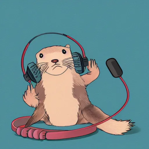 Image similar to otter with a headphone overears in the style of ghibli animations