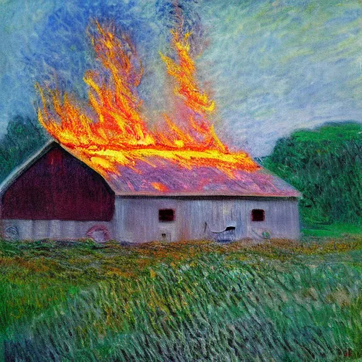 Prompt: a small barn engulfed in flames in the style of Monet