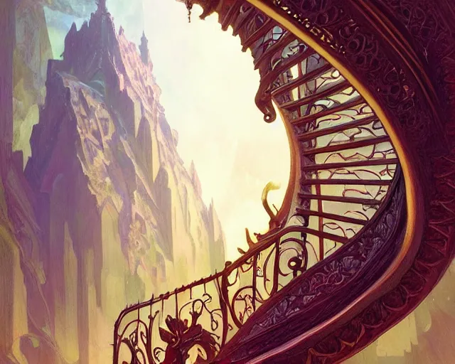 Image similar to spiral staircase leading to hope and glory, deep focus, d & d, fantasy, intricate, elegant, highly detailed, digital painting, artstation, concept art, matte, sharp focus, illustration, hearthstone, art by artgerm and greg rutkowski and alphonse mucha