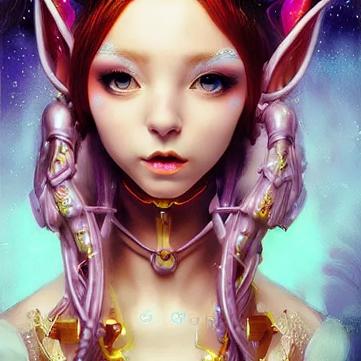 Image similar to A portrait of an ethereal, mysterious stunning maximalist mesmerizing elven girl with elf ears from the rainbow sky paradise in Tron: Legacy (2010), high-tech, Victorian gothic lolita fashion, highly detailed, very beautiful painting by artgerm and WLOP, inspired by Mark Ryden and Hiroyuki-Mitsume Takahashi