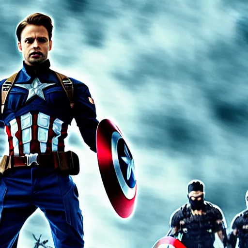 Image similar to sebastian stan as captain america, cinematic shot with sparkles and destroyed land, imax, high quality image, movie hollywood, commosition