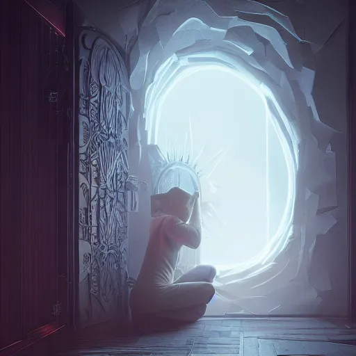 Image similar to a portal to another dimension in a closet door, intricate artwork by tooth wu and wlop and beeple. octane render, trending on artstation, greg rutkowski very coherent symmetrical artwork. cinematic, hyper realism, high detail, octane render