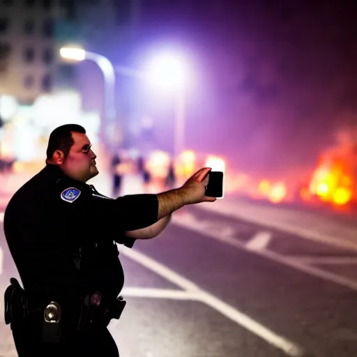 Prompt: chubby cop takes a selfie in front of a riot, highly detailed, sharp focus, dramatic lighting, 8 k