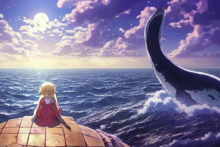 Image similar to a vast scene, panorama distant view, anime art full body portrait character concept art, hyper detailed scene render of the girl sat on the back of the whale, anime key visual of children of the sea, finely detailed perfect face, on the sea, makoto shinkai, violet evergarden, studio ghibli, james jean, hayao miyazaki, extremely high quality artwork
