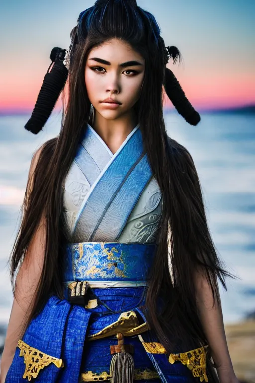 Prompt: highly detailed beautiful photo of a madison beer as a young female samurai. standing guard. symmetrical face, beautiful eyes, cobalt blue hair, realistic, 8 k, award winning photo, pastels colours, action photography, 1 / 1 2 5 shutter speed, sunrise lighting, ultra realistic, real photo