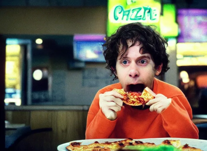 Image similar to portrait of charlie kaufman eating pizza at chuck - e - cheese with sloppy cheesy sauce getting slopped up all over the place, dramatic lighting, moody film still from being john malkovich ( 2 0 1 0 ), 3 5 mm kodak color stock, 2 4 mm lens, directed by spike jonze, ecktochrome