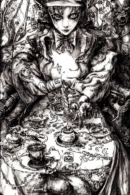 Image similar to Angry Alice in wonderland tarot card , pen and ink, intricate line drawings, by Yoshitaka Amano, Ruan Jia, Kentaro Miura, Artgerm, watercolor