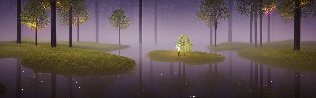 Image similar to fantasy forest of glowing trees and glowing flying insects, a lake reflecting the lights, myst on the air, cinematic feel, hyper realistic, high detail, blender render .