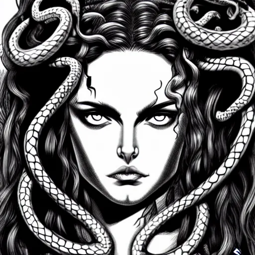 Prompt: rounded frame of head of medusa from greek mythology wearing snakes in place of hair, in berserk manga, angelina jolie face smiling seductive expression, big snakes heads with open mouth, manga drawing, by kentaro miura
