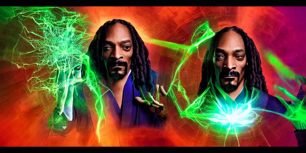 Image similar to snoop dogg as doctor strange, multiple dimensions, green light, marijuana leaves, marijuana, highly detailed, environmental light, cinematic by francis tneh, green magic, 8 k