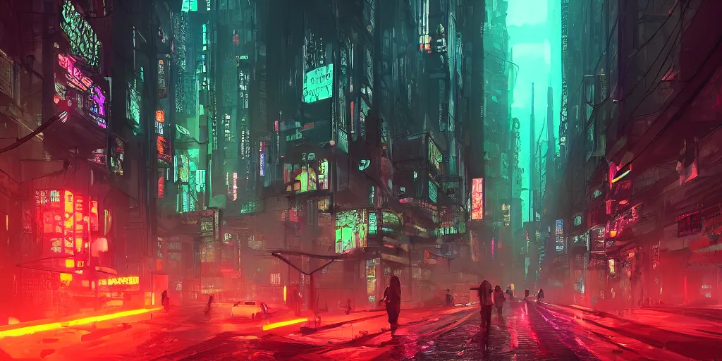 Prompt: digital art, trending on artstation, dystopian cyberpunk night street with neon