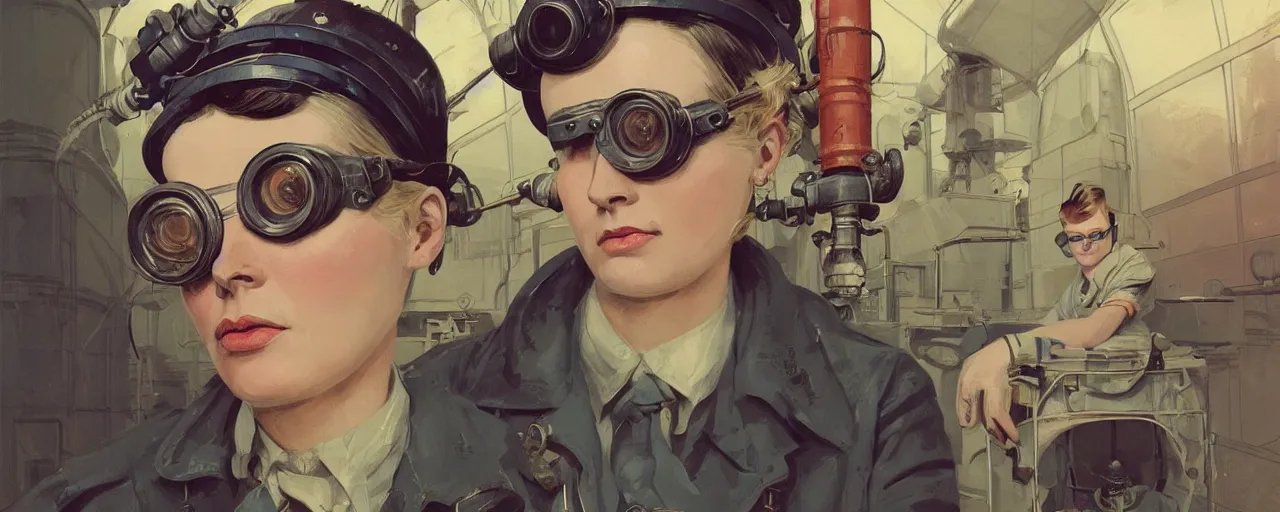 Image similar to vintage illustration 3 / 4 portrait of stoic heroic emotionless butch blonde woman engineer with short slicked - back hair, wearing victorian goggles, no makeup, awkward and uncomfortable and anxious, dirty, dynamic composition by sachin teng and sergey kolesov and ron cobb. industrial space program, scifi, hyper detailed. octane render. concept art. trending on artstation