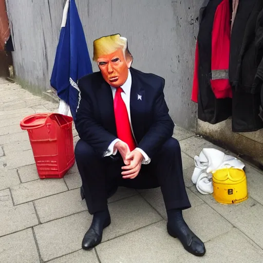 Image similar to donald trump dressed as a homeless man living in the slums