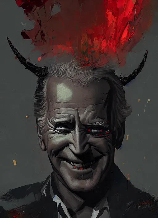 Image similar to dark Joe Biden grinning emperor of the world, high contrast with devil horns, cosmic horror, abstract, masterpiece, trending on ArtStation, by Greg Rutkovski and by Craig Mullins and by David Cronenberg and by Ismail Inceoglu