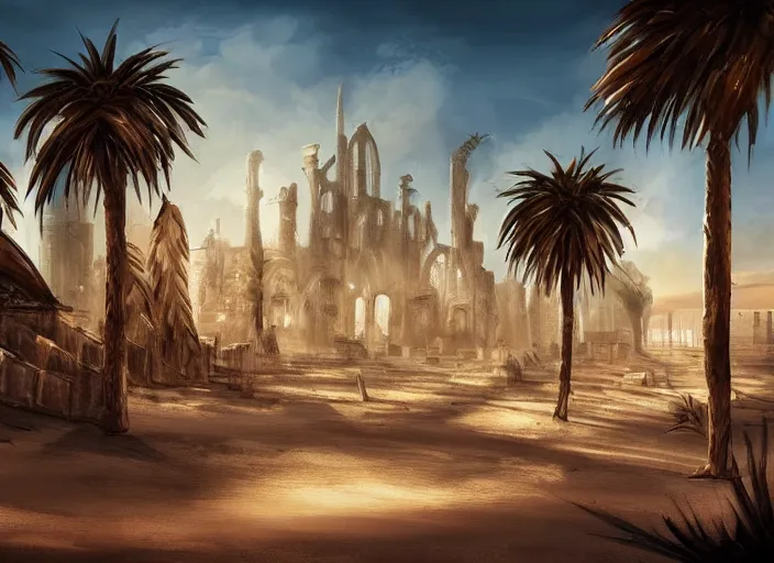 Prompt: architectural cover concept art of the lost sand city, ruins, golden towers, palm trees, digital art, art station, realista,