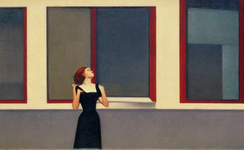 Image similar to a young brunette woman smoking out of the window of a bauhaus building, in the style of edward hopper, sad, lonely