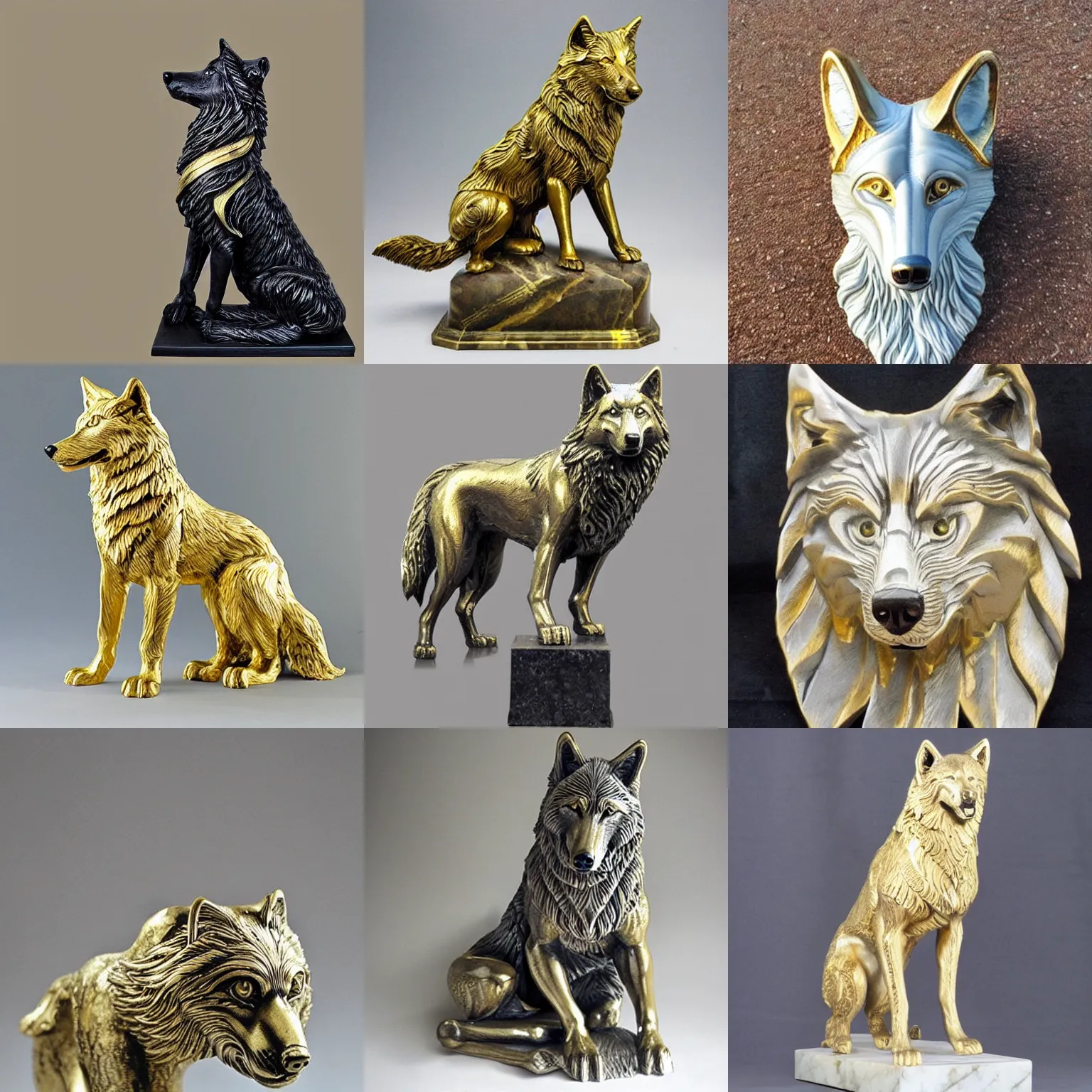 Prompt: gorgeous wolf statue with gold filigree : : carved marble