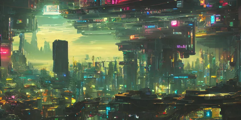 Prompt: a cinematic composition depicting : a computer run degrading cyberpunk world, on top of the mountain a mysterious neural network is using its transformative energy to transition to a hopeful to lush solarpunk civilization