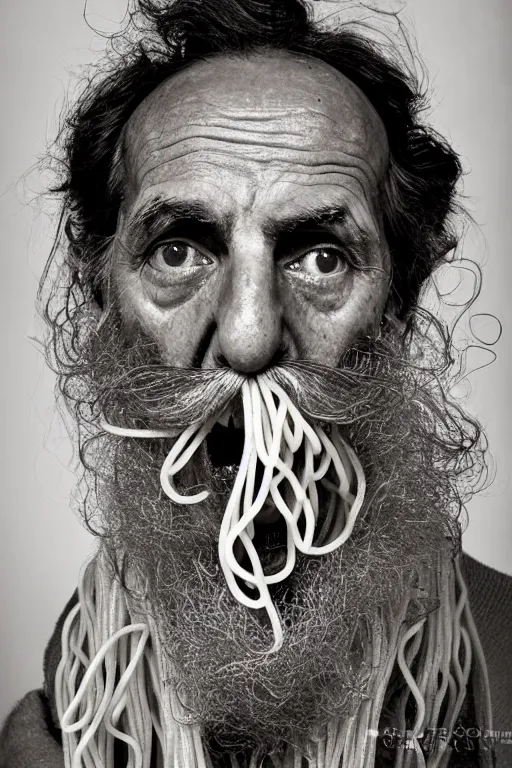 Prompt: extremely detailed portrait of old italian cook, spaghetti mustache, slurping spaghetti, spaghetti in the nostrils, spaghetti hair, spaghetti beard, huge surprised eyes, shocked expression, scarf made from spaghetti, full frame, award winning photo by eric lafforgue