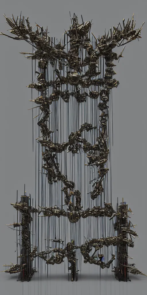 Image similar to 3 d photographic render of a deconstructed torii gate mundelbulb sculpture, chrometype, made of liquid metal, katamari neotribal with thorns and thunders, cyberpunk japanese temple, raytraced, hyper realistic, volumetric lightning, 8 k, by zhelong xu, ouchh and and innate studio
