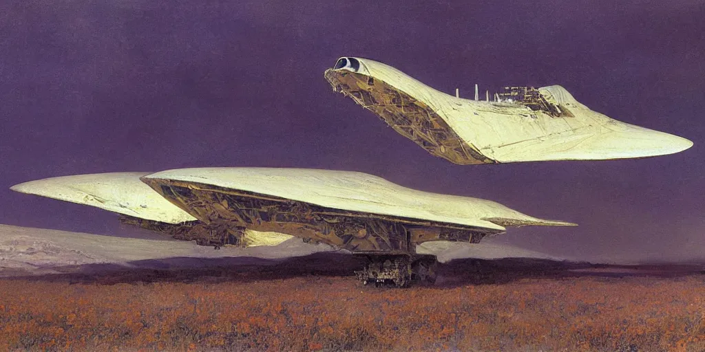 Prompt: Fernand Khnopff white giant spaceship landed laying in center on tansy wormwood field, snowy mountain afar by Fernand Khnopff by john berkey, oil painting, concept art