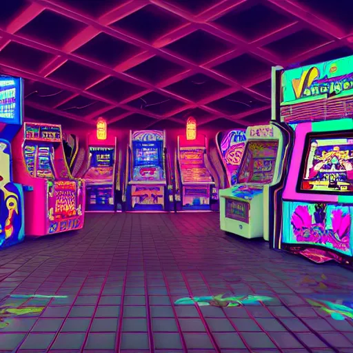 Image similar to inside an arcade, vaporwave 9 0 s dreamy empty, highly detailed, 3 d render, vray, octane, realistic lighting, photorealistic