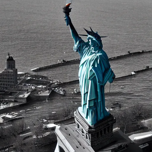 Image similar to the statue of liberty shaking her fist at the people below her, low - angle shot