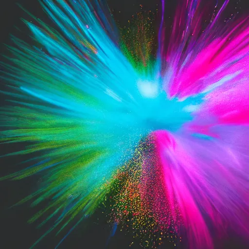 Image similar to A centered explosion of colorful powder on a black background