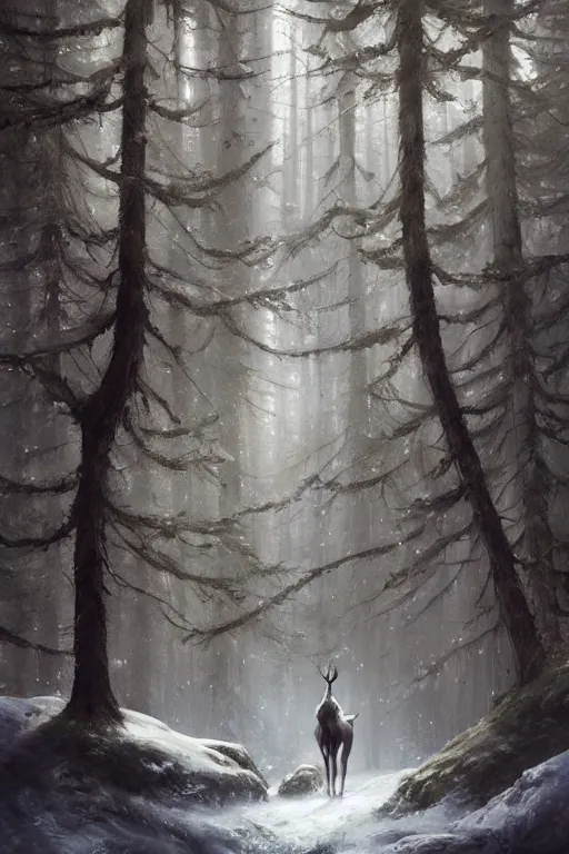 Image similar to Magical White Stag in the distance, lush evergreen forest, cold light, 4K, character concept art, oil painting, digital painting, painterly, cinematic lighting, rule of thirds, trending in artstation, cgsociety, by anato finnstark, Artgerm, Greg Rutkowski, Tom Bagshaw, Sargent