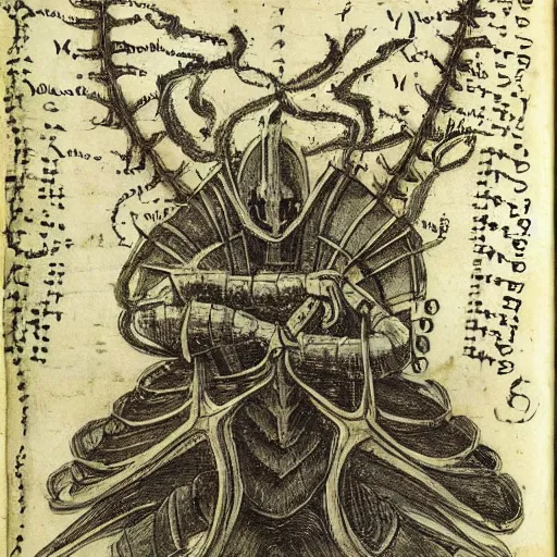 Prompt: dark souls in the voynich manuscript