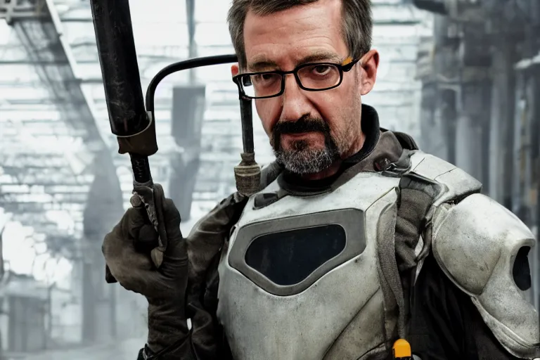 Image similar to vfx movie closeup real life gordon freeman holding wearing futuristic armor, half life logo on chest plate, crowbar in russian train yard by emmanuel lubezki