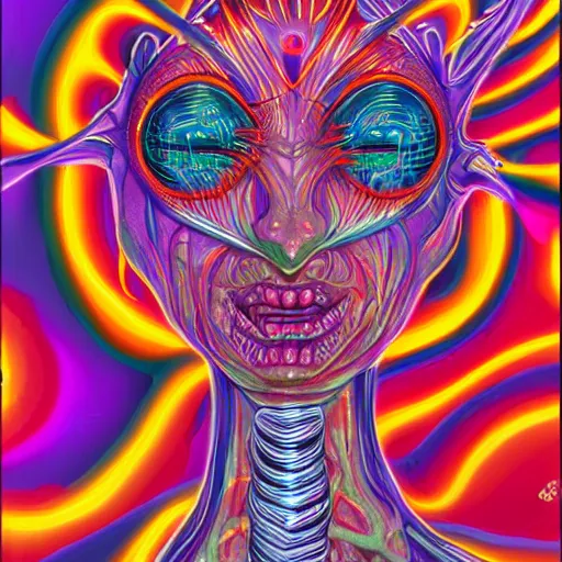 Prompt: closeup of an adorable cyber demoness, cute eldritch, woman alien abomination of unimaginable horror by alex grey and junji ito, speculative evolution, psychedelic illustration, op art brain