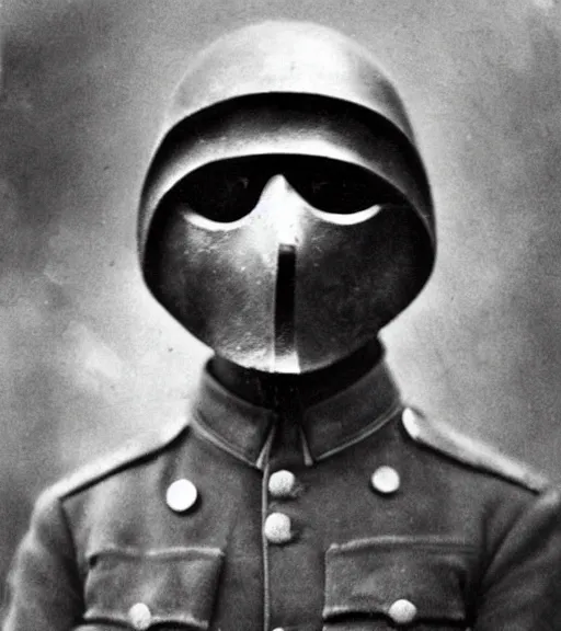 Image similar to a soldier wearing a scary mask in distance, ww1 film photo, grainy, high detail, high resolution