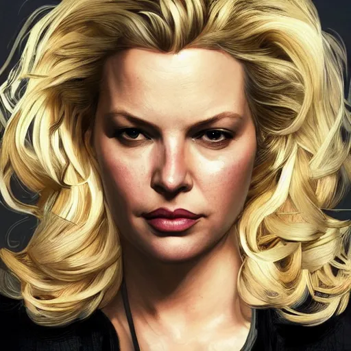 Prompt: Katherine Heigl with blonde hair as a lowlife thug as a grand theft auto 5 loading screen, close shot, gorgeous, beautiful, intricate, highly detailed, digital painting, artstation, oppressive lighting, concept art, sharp focus, illustration, art by greg rutkowski and alphonse mucha