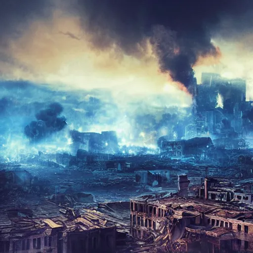 Prompt: destroyed city, dystopian, war, real, thick vivid blue smoke, red clouds, detailed, award winning, masterpiece