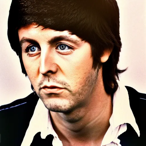 Image similar to Polaroid Portrait of a younger 1970s 35 year old Paul McCartney, taken in the 1970s, photo taken on a 1970s polaroid camera, grainy, real life, hyperrealistic, ultra realistic, realistic, highly detailed, epic, HD quality, 8k resolution, body and headshot, film still, front facing, front view, headshot and bodyshot, detailed face, very detailed face, by Andy Warhol