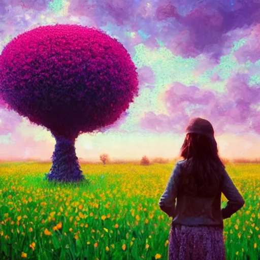 Image similar to giant flower head, girl standing in flower field, surreal photography, big trees, sunrise dramatic light, impressionist painting, colorful clouds, digital painting, pointillism, artstation, simon stalenhag