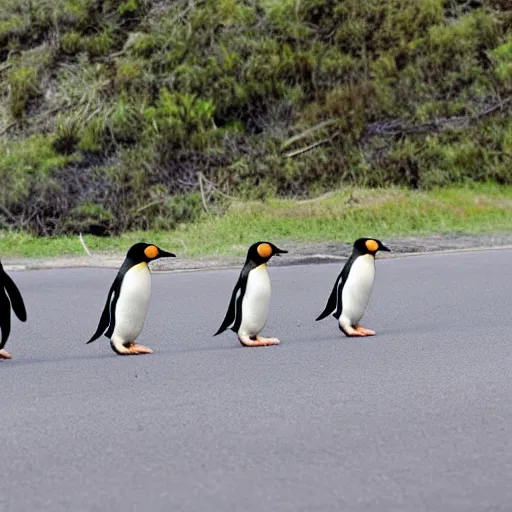 Image similar to penguins in cowboy hats walking across the road